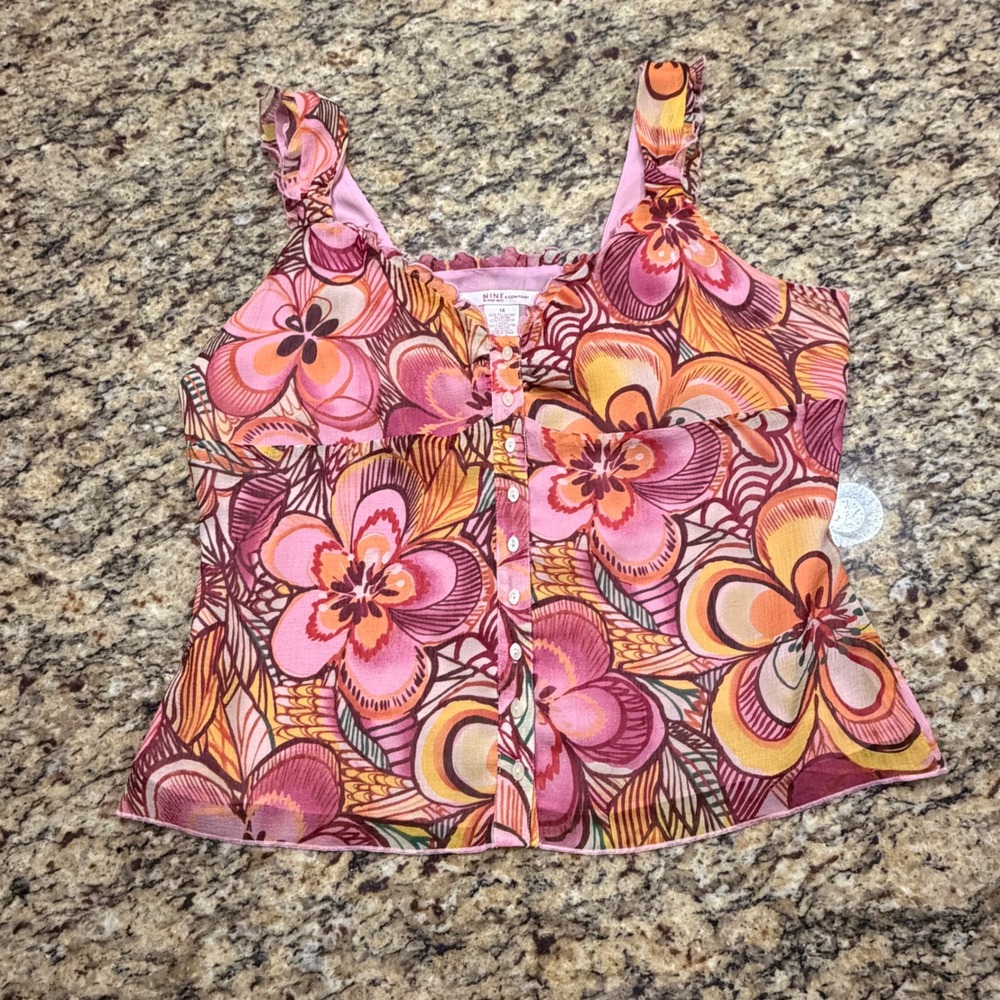 Nine & Company Nine West Pink Orange Floral Ruffle Button Front Blouse Top 14 v